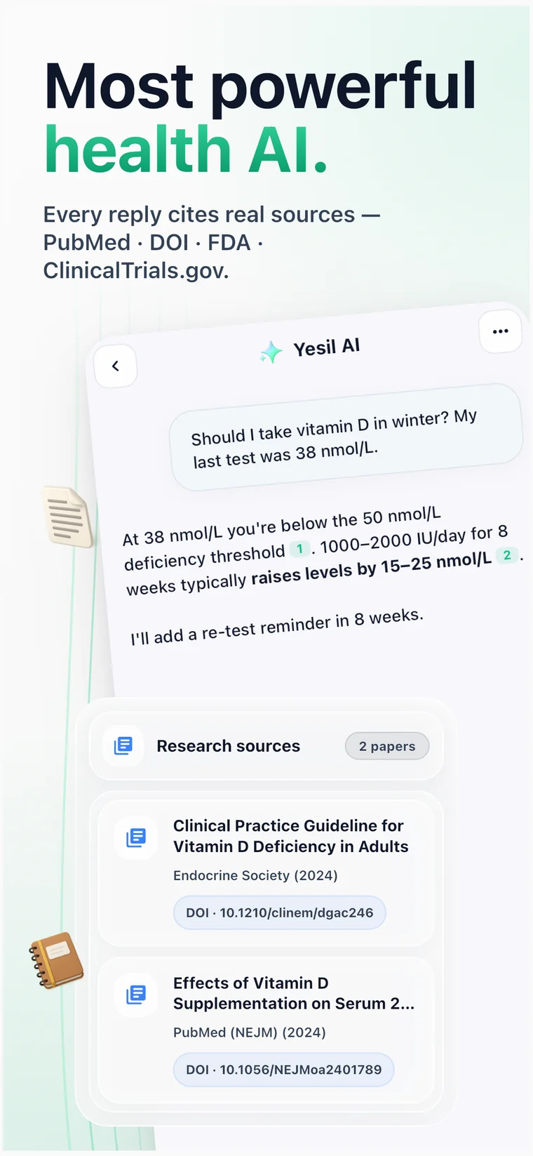 Yesil Health AI chat citing peer-reviewed research and clinical-trial sources
