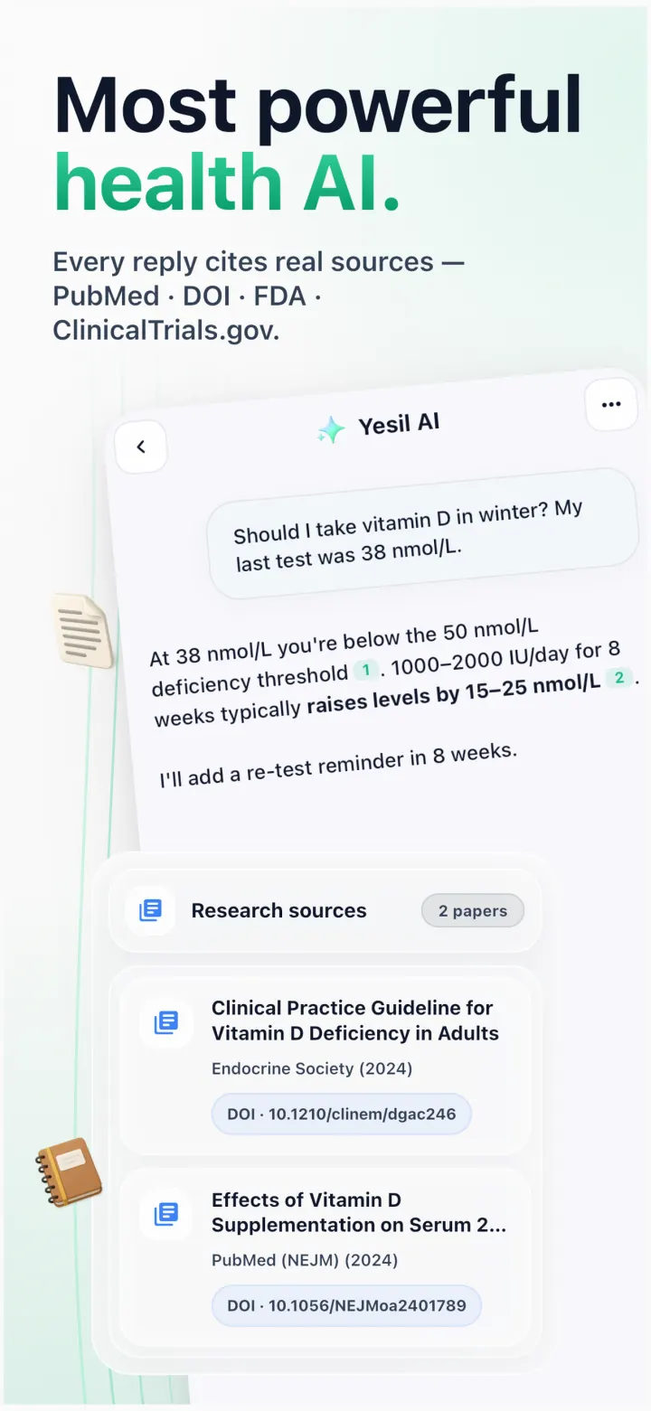 Yesil Health AI chat citing peer-reviewed research and clinical-trial sources