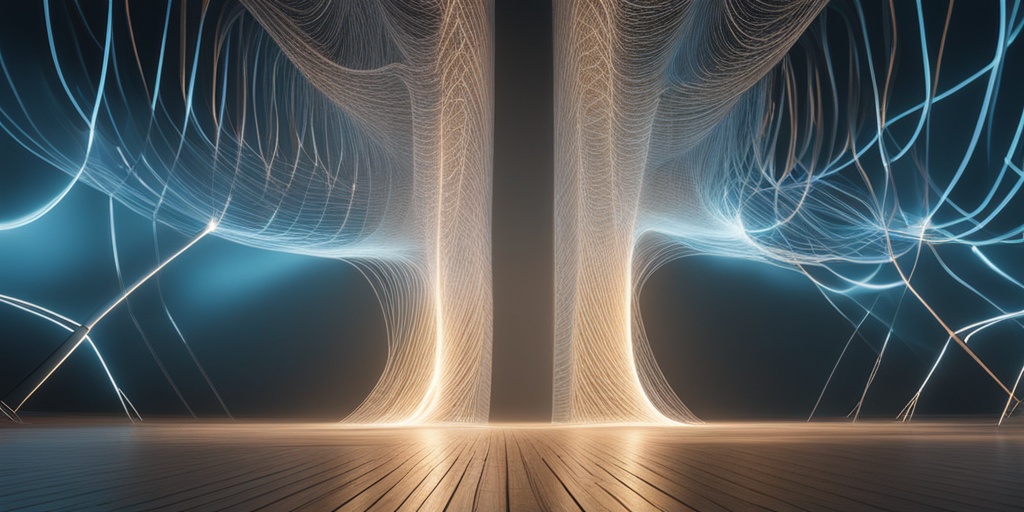 3D rendered model of the human body with glowing fibers representing abnormal protein buildup in a calming blue and white environment.