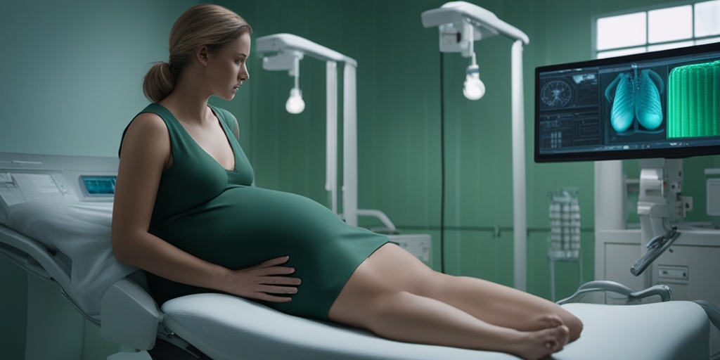 Concerned pregnant woman surrounded by medical equipment and monitors in a hospital setting.