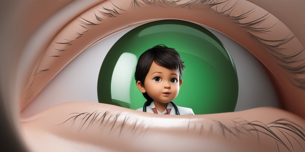 Doctor examines child's rash under magnifying glass, surrounded by medical equipment and subtle green background.