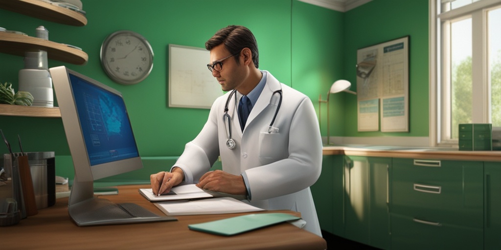 Doctor examining patient with stethoscope and medical chart in a calming green background.