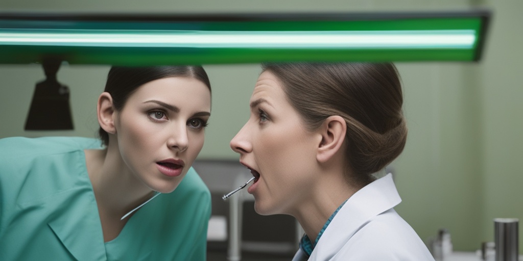 Doctor examining patient's vocal cords with a laryngoscope in a muted green background with cinematic lighting.
