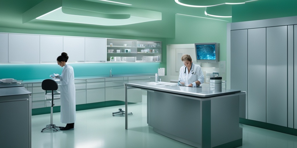 Healthcare professional collecting a sample from a patient in a laboratory setting, featuring medical equipment and a calming color scheme.