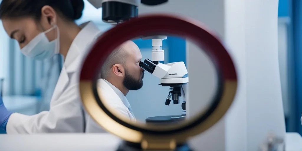 Healthcare professional holding microscope, with patient undergoing blood test in background, illustrating Infectious Mononucleosis diagnosis.