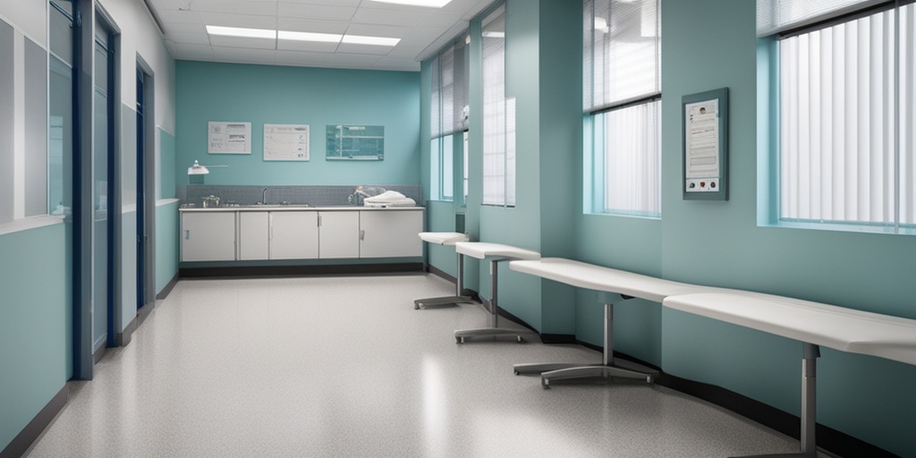Hospital corridor scene showcasing measures to manage VRE infections, including hand hygiene and sterilization protocols, in a calming color scheme.