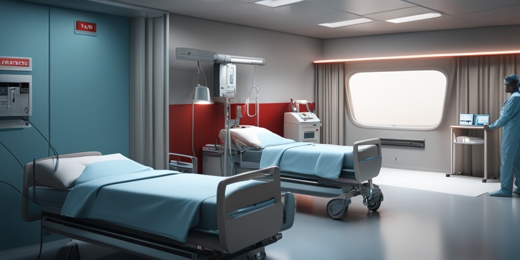 Hospital room scene showing potential complications of Scarlet Fever, such as kidney inflammation, with medical equipment.