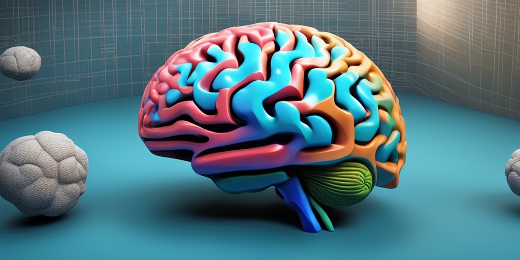 Labeled 3D brain model showcasing cerebrum, cerebellum, brainstem, and limbic system on a subtle blue background.