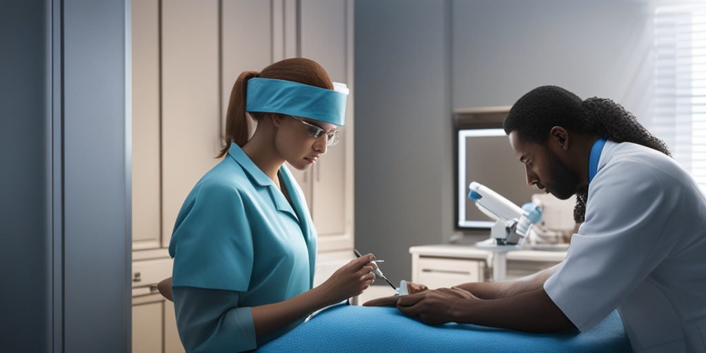 Medical professional examining a patient with Multiple Lentigines Syndrome, conveying professionalism, care, and compassion in a photorealistic style.