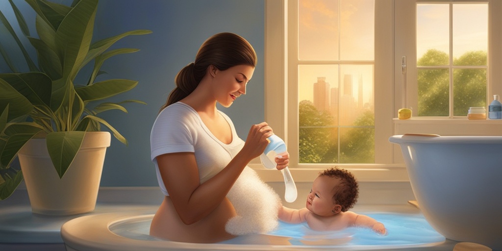 Mother applying a home remedy to her baby's diaper rash, surrounded by natural ingredients on a warm and nurturing blue background.