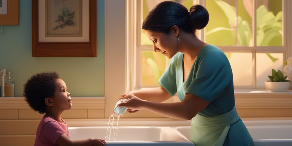 Mother gently guides child through morning hygiene routine, promoting good habits.