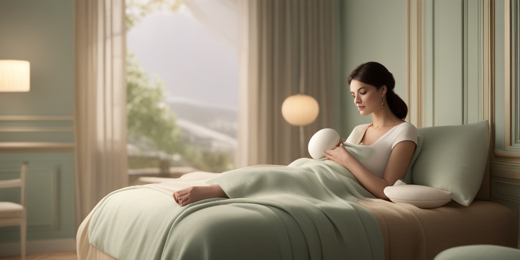 Mother receives warm compresses or takes medication, surrounded by calming elements, conveying relief and comfort from lactation mastitis treatment.