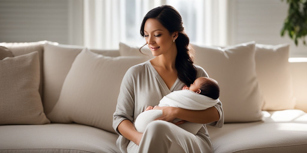 New mother holding newborn on couch with creamy white background and gentle expression.