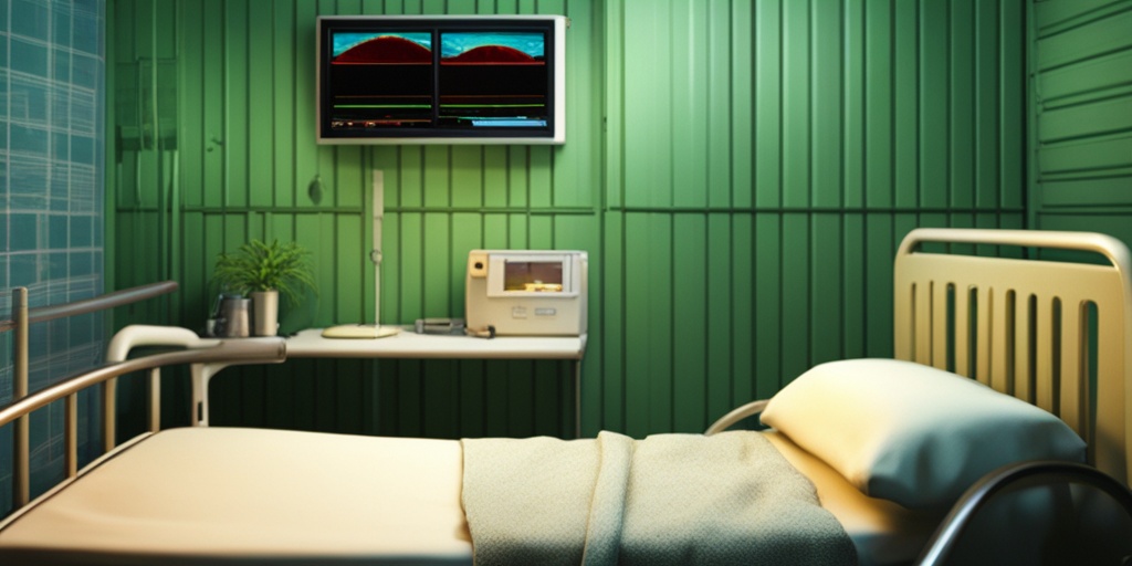 Older adult sits in hospital bed, looking uncomfortable, surrounded by medical equipment, with subtle green background.