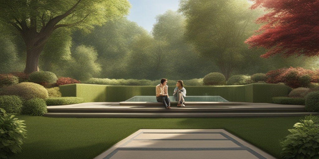 Parent and teenager having an open conversation in a peaceful outdoor setting surrounded by lush greenery.