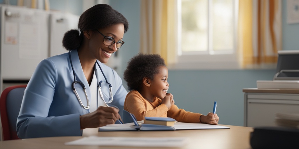 Pediatrician observes a child's behavior, taking notes and using diagnostic tools in a professional office.