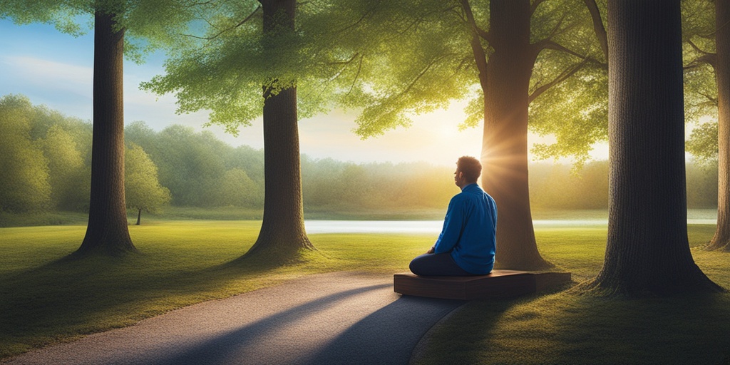 Person in peaceful natural environment engaging in therapeutic activity, surrounded by calming colors and soft lighting.
