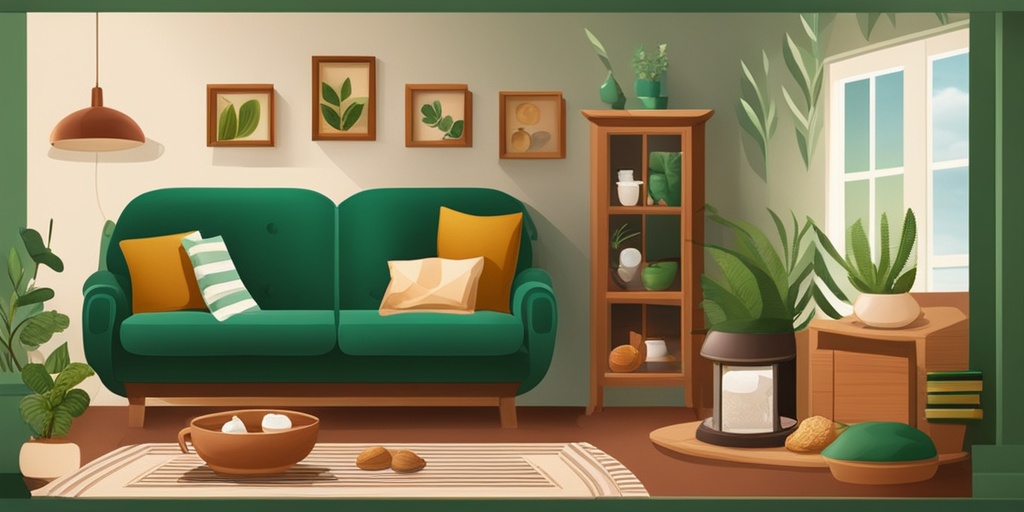 Person sitting comfortably on a couch surrounded by natural remedies against a warm green background.