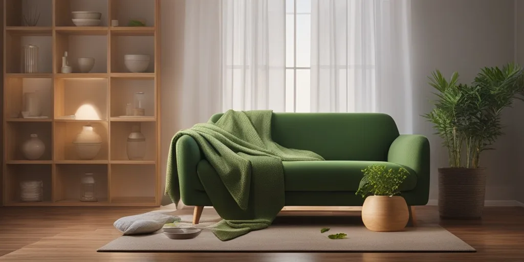 Person sitting on couch surrounded by home remedies like chicken soup, humidifier, and blanket, for Infectious Mononucleosis relief.