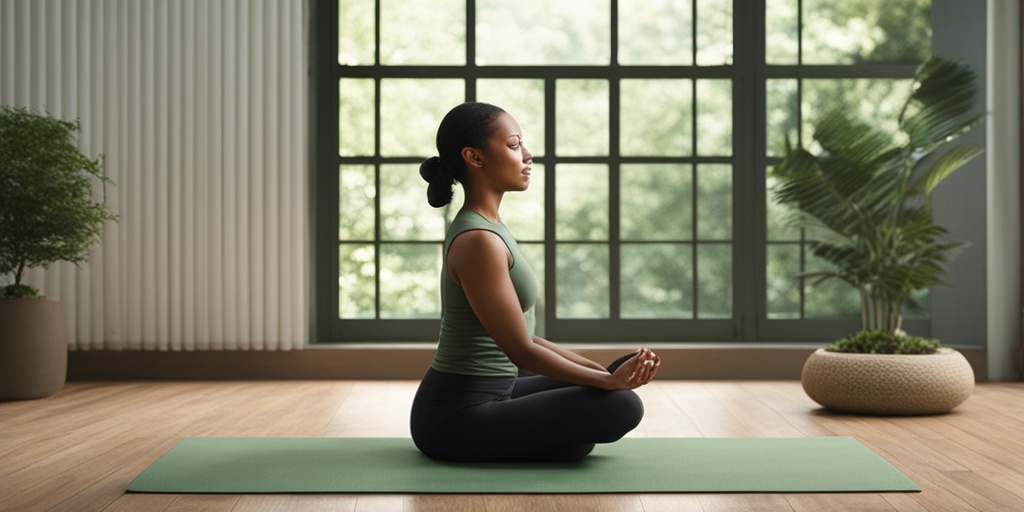 Person with Dysphonia Spastica practicing yoga in a peaceful outdoor setting with a serene muted green background and cinematic lighting.
