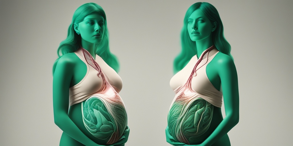 Split-screen image of a pregnant woman and a graphic representation of the placenta and umbilical cords.