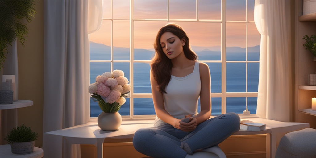 Woman in a peaceful environment, surrounded by calming elements, highlighting the connection between PMS and mental health, conveying calmness and empathy.