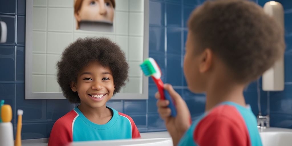 Young boy proudly displays toothbrushing skills in front of clean bathroom mirror.