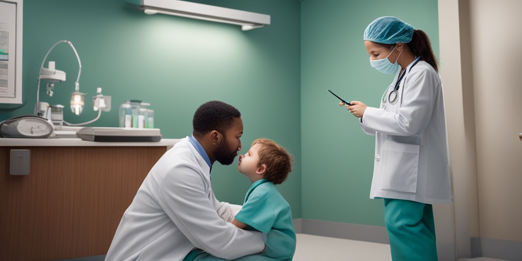 A doctor gently examines a young child suspected of having croup, with a calming blue background.