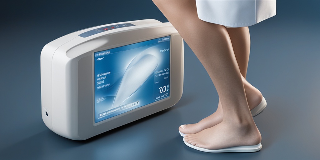 Doctor examining patient's leg with handheld Doppler ultrasound device, with a subtle blue background and cinematic lighting.