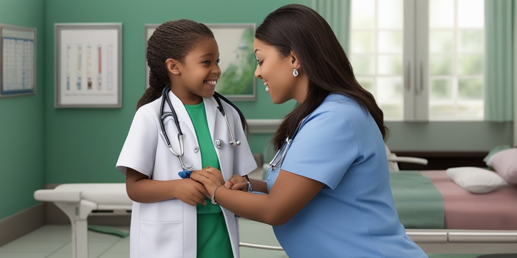 Doctor or nurse practitioner examining a young child for Type 1 Diabetes diagnosis in a hospital or clinic.