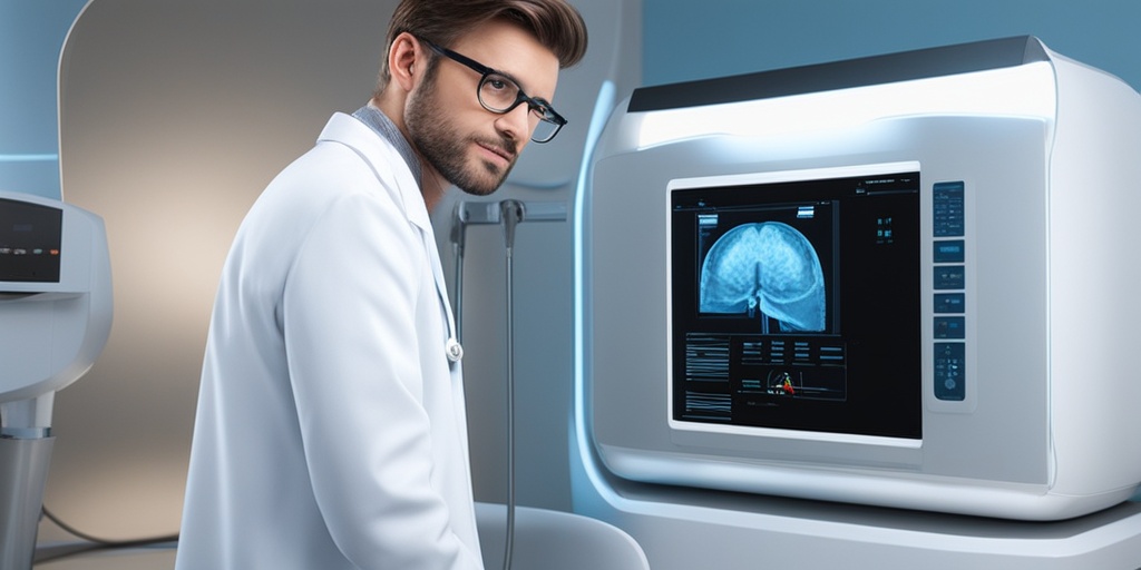 Doctor stands in front of medical imaging machine, holding tablet with 3D Wilms' tumor rendering.