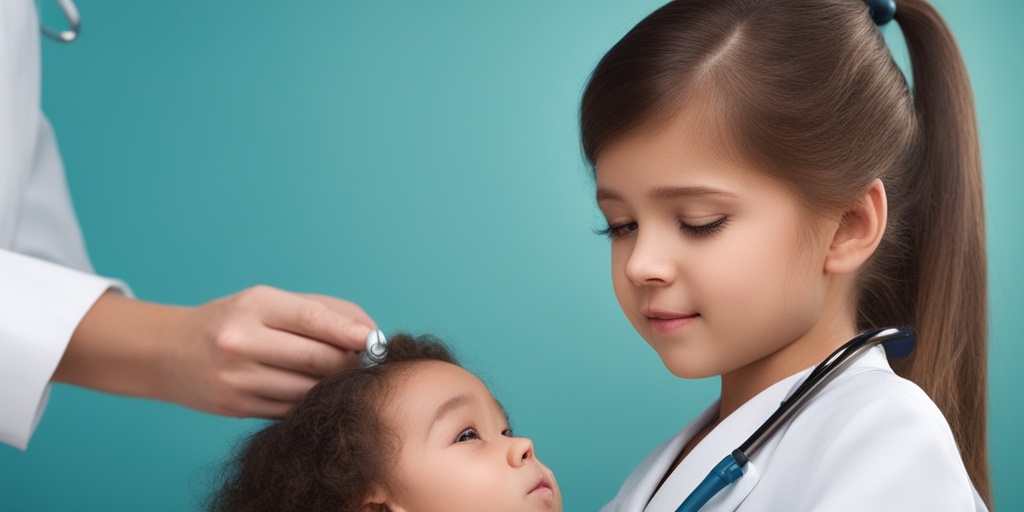 Gentle doctor examining a young child's scalp for ringworm with a characteristic ring-shaped rash in a calming blue background.