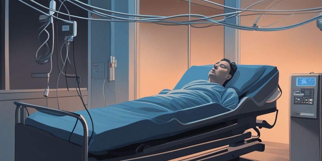 Haunting image depicts person in hospital bed surrounded by beeping machines, highlighting potential complications of untreated Congestive Heart Failure.