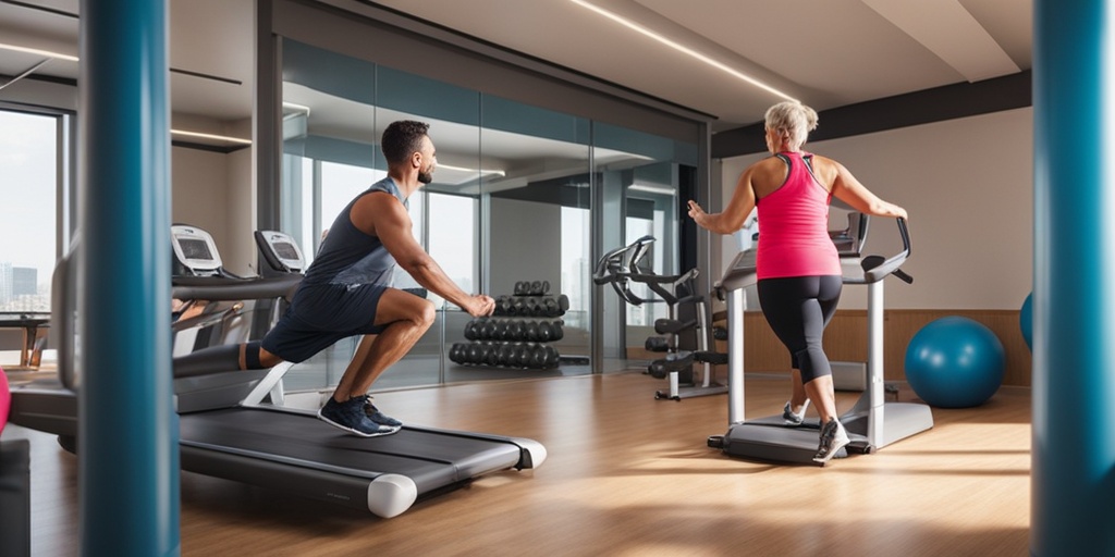 Individual consults with healthcare professional in modern gym, emphasizing importance of guidance and proper equipment.