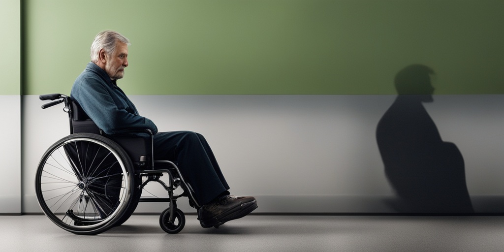 Man sitting in a wheelchair, with concerned expression, on a blurred green background with hints of blue.