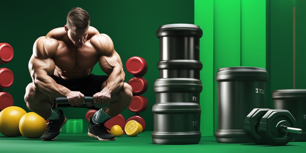 Muscular individual surrounded by icons of muscle growth, strength, and athletic performance, set against a bold and vibrant green background.