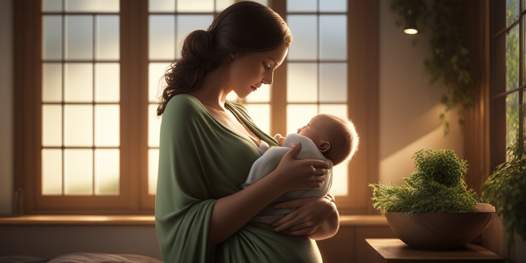 Peaceful breastfeeding scene, mother and baby in a serene atmosphere, promoting prevention of lactation mastitis.