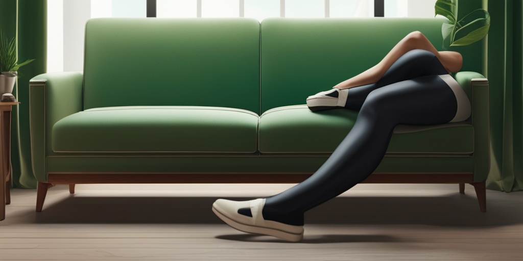 Person sitting on a couch with legs elevated, experiencing varicose veins symptoms, with a subtle green background.