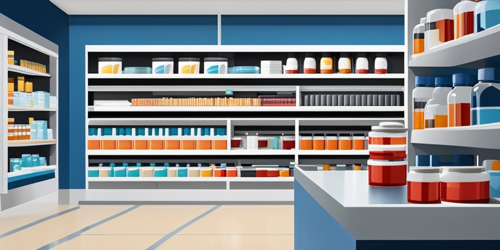 Rows of medications on pharmacy shelves, with pharmacist in the background, showcasing treatment options for narcolepsy.