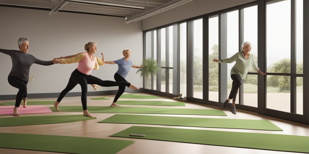 Seniors engage in gentle exercise class in modern studio with calming atmosphere and soothing greens.