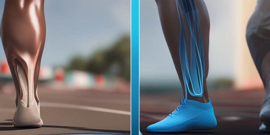 Split-screen comparison of healthy and inflamed tendons with 3D models against a blue background.