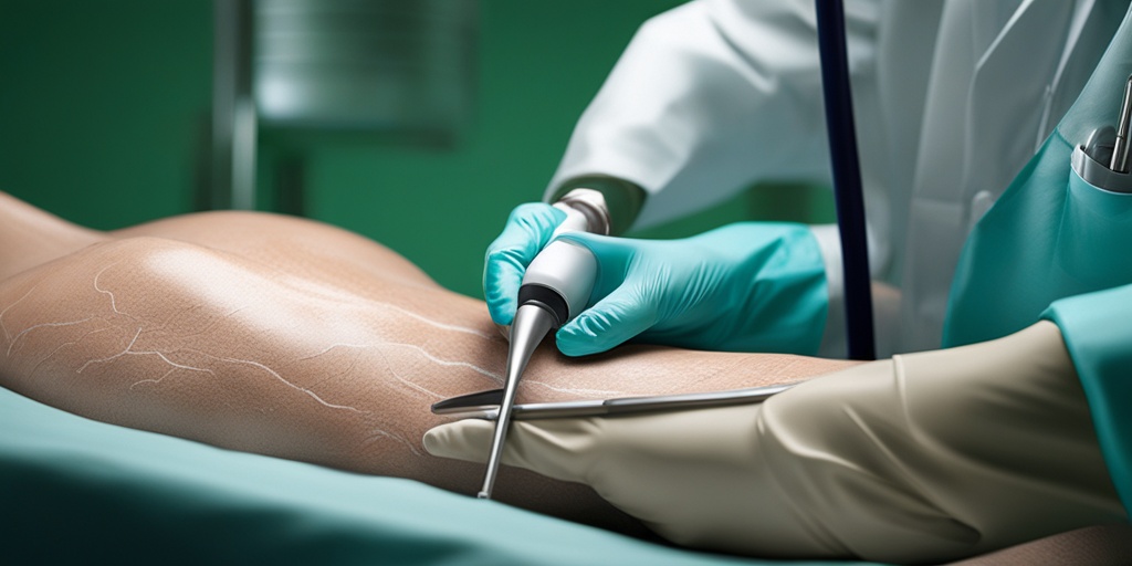 Surgeon performing varicose vein surgery, with a subtle green background and cinematic lighting highlighting surgical tools.