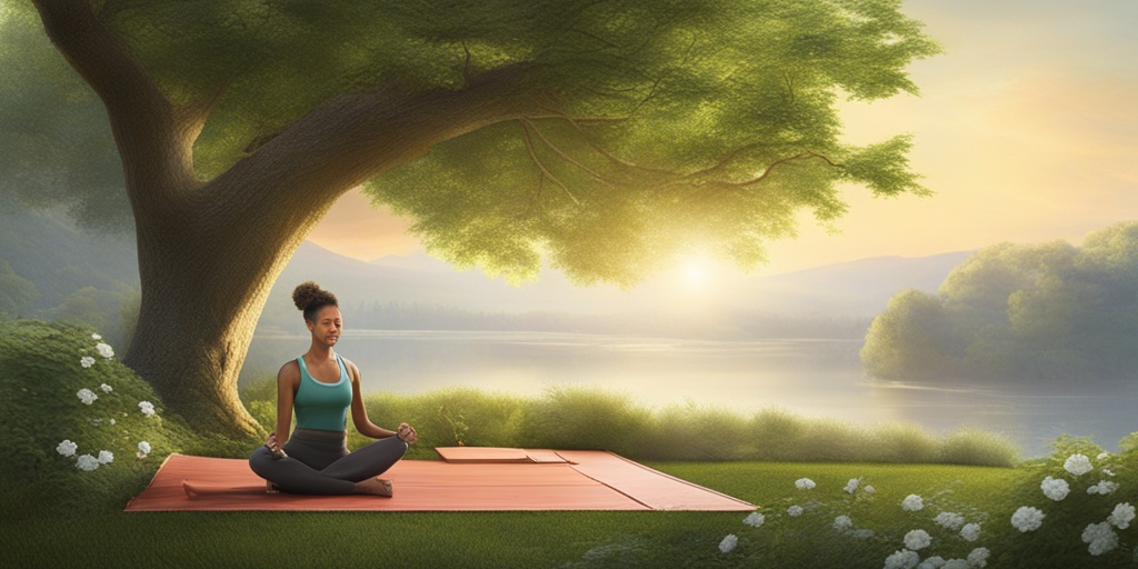 Woman engaging in gentle exercise, such as yoga, in a peaceful outdoor setting with serene atmosphere.
