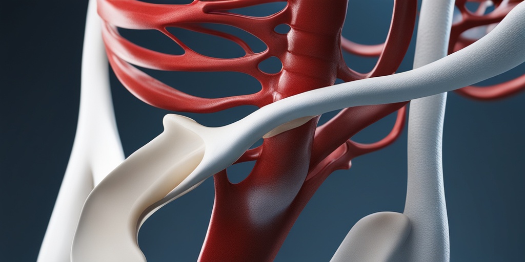 3D model of human hip joint illustrating Avascular Necrosis with subtle blue background and creamy whites.