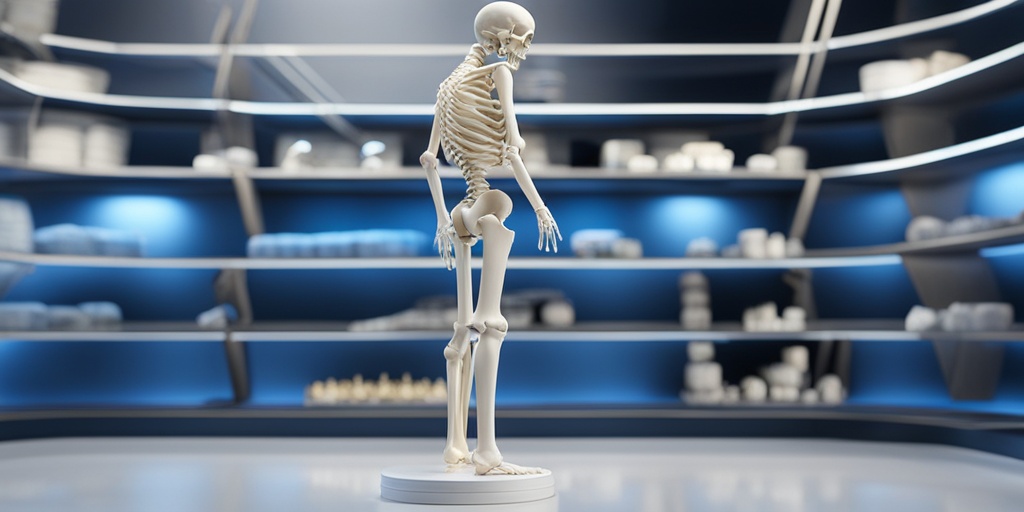 3D model of human skeleton with calcium-rich bone matrix and supplements on a blue background.