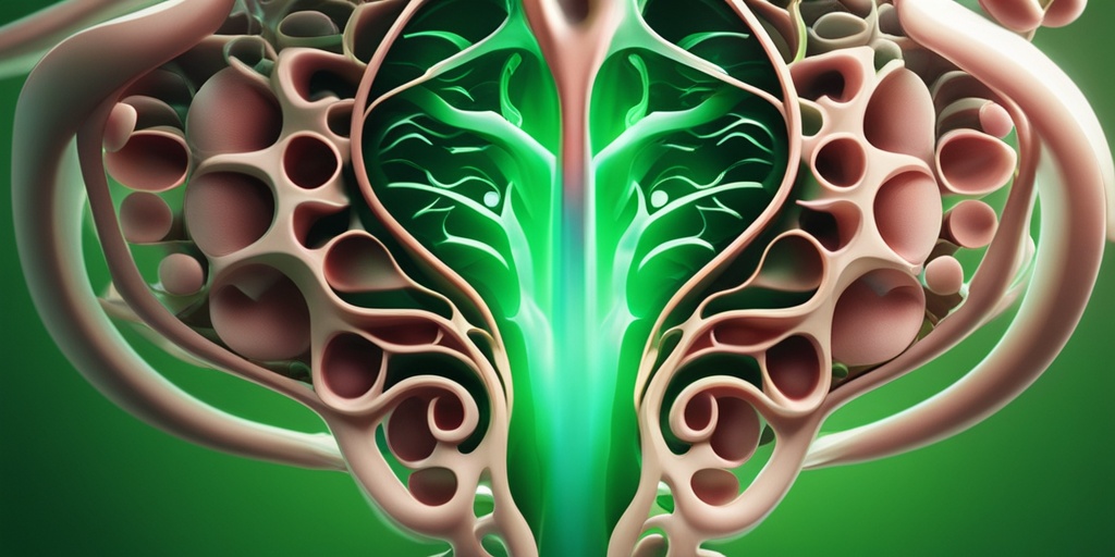 3D rendered image of a woman's reproductive system, with glowing highlights illustrating causes of infertility, set against a calming green background.