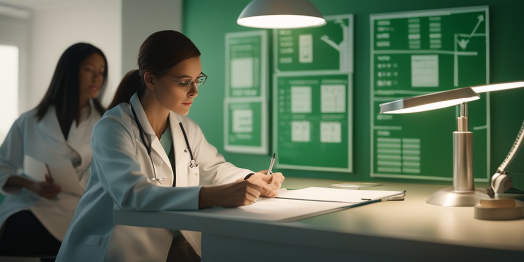 A doctor reviews a patient's medical charts in a well-lit, modern clinic.