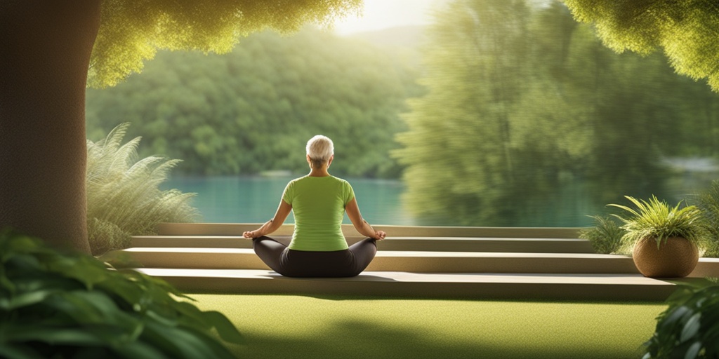 Active older adult doing yoga in a natural setting with calcium-rich food items nearby on a green background.