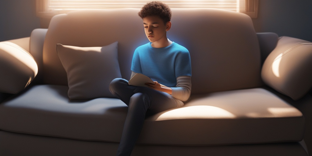 Anxious teen boy sitting on a couch, seeking help and support for mental health, surrounded by calming elements.