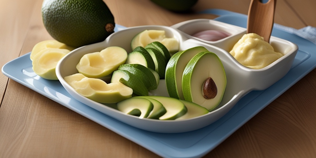 Artfully arranged weaning foods, baby utensils, and creamy whites evoke feelings of nourishment and growth on a wooden table.